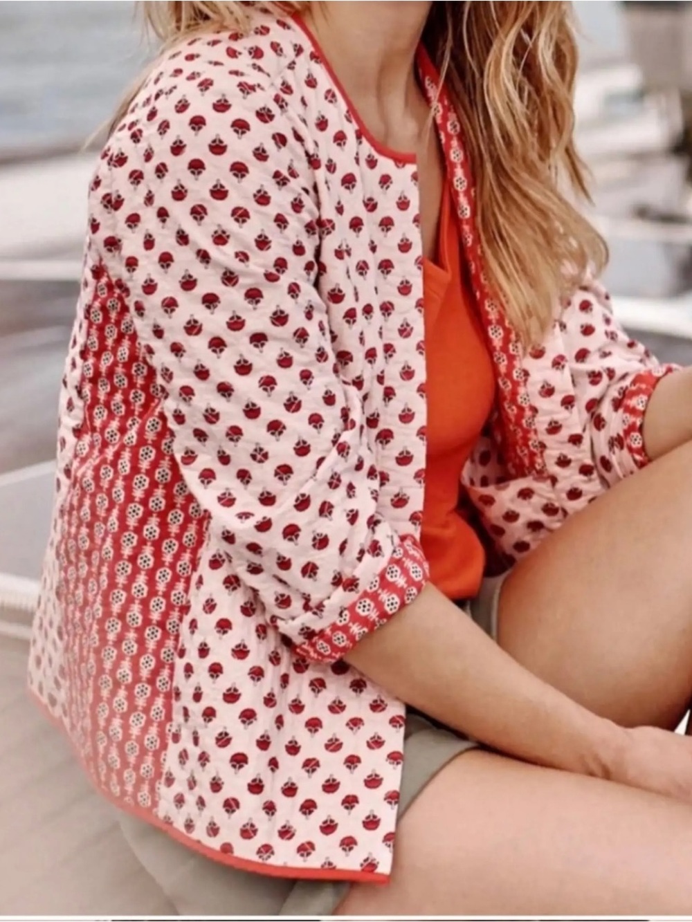 J.Jill Quilted Block Print Open Front Jacket Coral Pink White Plus 2X